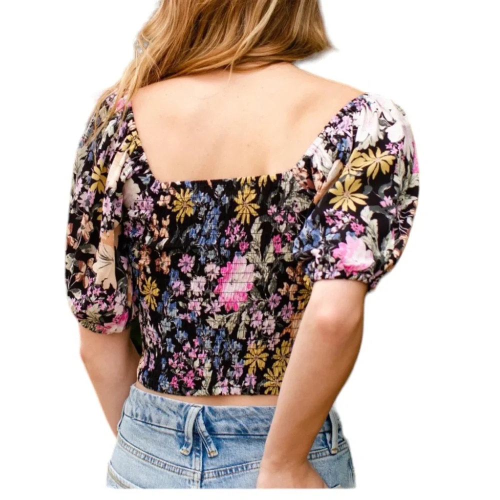Saltwater Luxe Lenny Multi Floral Oasis Puff Sleeve Off Shoulder Crop Top - M - Picture 2 of 16